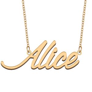 Alice Name Necklace Personaliserad för kvinnor Letter Font Tag Rostfritt stål Guld och silver Anpassad typskylthalsbandsmycken