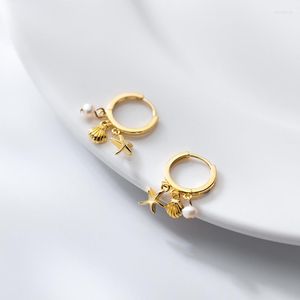 Hoop Earrings Real. 925 Sterling Silver Fine Jewelry Sea Star/ Freshwater Pearl /Shell Conch Ear-bone Piercing Tassel C-G6915