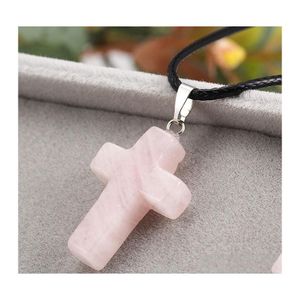 Pendant Necklaces Europe And The Explosion Of Leather Rope Cross Turquoise Pink Crystal Necklace Natural Stone Tigereye Sweater Whol Dhzqx