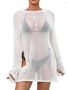 Women's Swimwear Women Bikini Cover Ups Shirt Summer Casual Solid Color See-through Slits Long Sleeve Blouses For Beach Bathing Suit