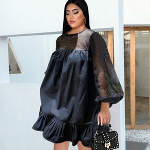 Plus size Dresses Summer Plus Size Dress For Women Hollow Out See Through Outfit Lady Long Sleeve Hole Party Gown Sexy Mesh Casual Clothing 230207