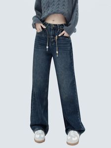 Kvinnors jeans chic metallkedja kvinnor high street wide ben denim byxor kvinnlig lös casual bf byxor 2023 mörkblå rak