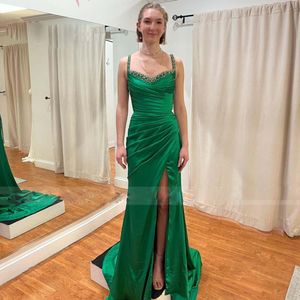 Matte Satin Prom Dresses Green Spaghetti Strap Side Split Evening Gown Bead Ruched Abenkleider Robe De Soiree