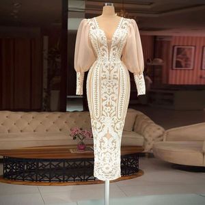 Arabic Muslim Evening Dress Long Sleeve Ankle Length Midi Sequined Prom Formal Gowns for Women Birthday Party Vestidos Fieast 2023