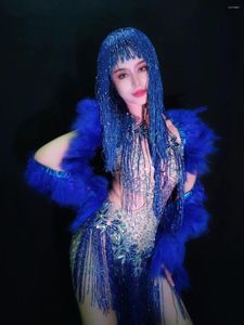 Sahne Wear Sparkly Rhinestones Mavi Saçak Şeffaf Kısa Elbise Tüylü Kollar Doğum Günü Kostüm Kostüm Seksi Dansçı Akşam
