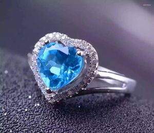Cluster-Ringe, natürlicher blauer Topas, Edelstein-Ring, S925-Silber, Edelstein, modisch, elegant, romantisch, herzförmig, für Damen, Party, Geschenk, Schmuck