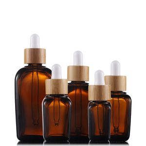 Forma quadrata 240pcs da 20 ml di gocce ambra a bottiglie vuote in vetro contenitore olio essenziale con coperchi di bambù testa di gomma bianca nera 30 ml bottiglia da 30 ml