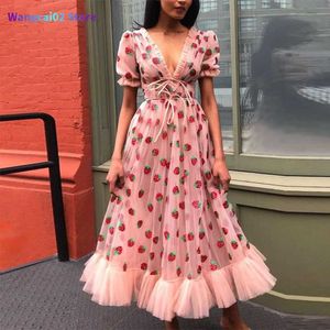 Freizeitkleider Sommerkleid Frauen Erdbeerrosa Mesh Maxikleid Süße Kleider Kurze Puffärmel Sexy V-Ausschnitt Schnürung Schleife Tunika Lolita Kleid 020723H