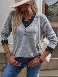 T-shirt da donna T-shirt autunno inverno manica lunga in pizzo abbigliamento moda femminile pullover top da donna 230206