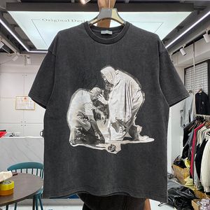 23SS Tee T Shirt Washed Heavy Fabric Vintage Men's Plus Tees T-shirt nera di qualità da donna