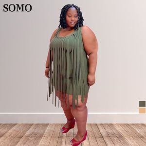 Plus storlek klänningar somo plus size kvinnokläder ärmlös besättning hals tofsar fasta färg casual damer mini klänningar grossist dropp 230207