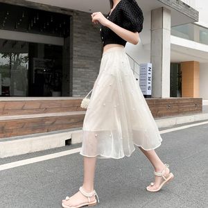 Skirts High White Mesh White Mesh for Women 2023 Trend di moda in stile coreano Office di abbigliamento estivo Ladies Streetwear con perline