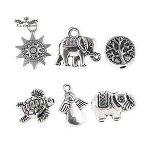 Charms 100st/Lot Vintage Sier Elephant Heart Love Charm Armband Halsband h￤ngsmycken Fynd Flower Bee Tree Pendant Making Drop Del Dhuiz