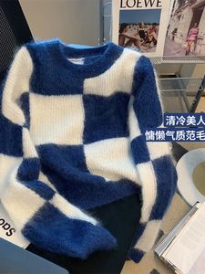 Kvinnors tröja tröja blå vit färg klassisk rutig design stickover hösten vinter o nacke långärmad dam plysch stickad chic 230206