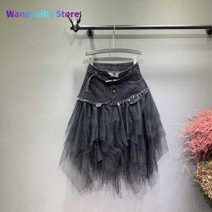 Skirts Summer Denim Saia Jeans Skirt Women irregular High Waisted Mesh Patchwork Long Pleated Mid-Calf Tulle Skirts Tutu High Street 020723H