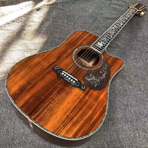 Guitarra personalizada, toda KOA, escala de ébano, encadernação e incrustação de concha de abalone real, violão cutaway de alta qualidade de 41 polegadas,