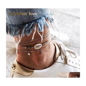 Anklets 4 st/set Boho Star Natural Shell Stone Anklet Armband Woman Summer Beach Vintag Sier P￤rlor Kedja p￥ benets smycken D DH5CQ