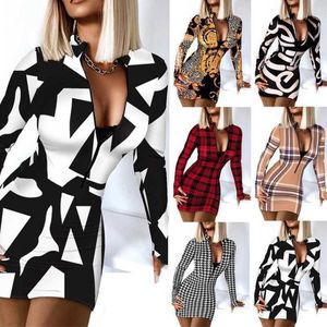 Retail Designer Casual Women Dresses Digital Printed Dress Slim V-neck Short One Piece Skirt