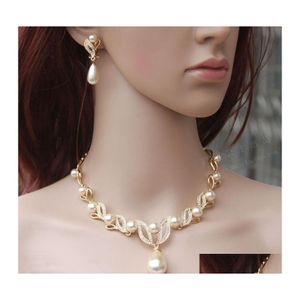 Earrings Necklace 18K Gold Plated Cream Pearl And Rhinestone Crystal Bridal Jewelry Sets 1834 T2 Drop Delivery Dh4Iy