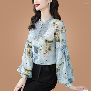 Women's Blouses Heavy Blouse Silk Shirt Female 2023 Spring Fashion Ink Printing Wood Ear Loose Temperament Mulberry