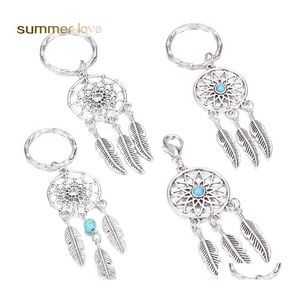 Key Rings Vintage Sliver Feather Dreamcather Round Hollow Keychain For Women Tassel Beads Leaf Ring Fit Bag Car Decorative Jewelry D Dhgeh