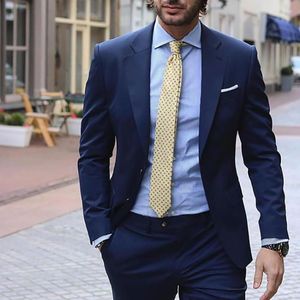 Men's Suits Navy Blue Suit Men Slim Fit Smart Business Casual Street Ternos Groom Wedding For 2 Piece Jacket Pants