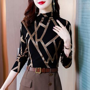 Camiseta feminina vintage elegante moda de retalhos tshirts listrados spring outono de manga longa gola alta de gola alta