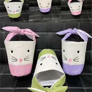 Easter Bunny Bags Barrel Bucket Basket Plaid Patchwork Cartoon Rabbit Ear Bowknot Canvas Tygväska Nyårsgåvor Egg Candies Handväska TT0207