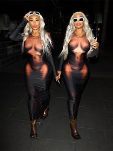 Sıradan Elbiseler Kliou Y2K 3D Vücut Baskı Maksi Elbise Kadınlar Estetik Uzun Kollu Eşsiz Seksi Vücut Şey Vücut Çekiş Partisi Kulüp Giysileri 230207