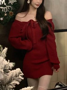 Plus size Dresses Red Elegant Knitted Women Off Shoulder Designer Sexy Party Mini Female Long Sleeve Vintage Slim Winter 230207