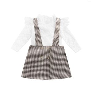 Giyim Setleri 1-5y Toddler Çocuk Bebek Kız Uzun Kollu Dantel Gömlek Üstleri Baskı Askı Sınır Etek Tahil 2 PCS Moda Çocuklar Giysileri Set