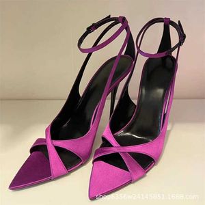 Purple Pointed High Heel Shoes for Women Summer Silk Satin Slim Heel Shallow Mouth Wrist Buckle Sandals 230209