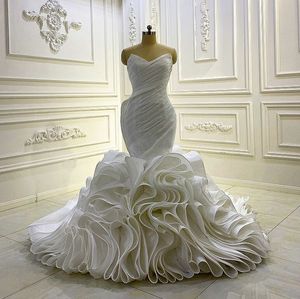 Arapça Dubai Gelinlik Straplez Ruffles Denizkızı Gelin Elbise Buket Uzun Dantel Yukarı Vestidos De Novia Özel Yapımı Robe De Mariage