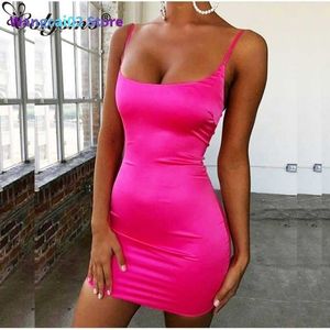 Party Dresses Colysmo Stretch Mini Satin Dres Sexy Straps Slim Fit Bodycon Party Dress Neon Green Pink Dress Summer Dresses Duallayer 020723H