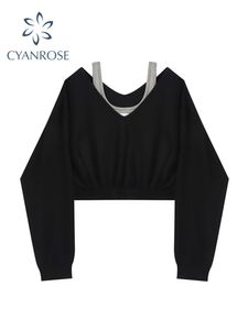 Kadın Hoodies Sweatshirts Kadın Sweatshirt Moda Kadın Şık Gevşek Sokak Giyim Patchwork Ins Street Y2K Sahte iki parça mahsul üst 230207