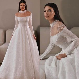 Bride Gowns Elegant Wedding Dresses With Beads And Pearls O-Neck Shine Lace Bridal Gown Custom Made Brush Train Robes De Mariee Vestidos De Novia