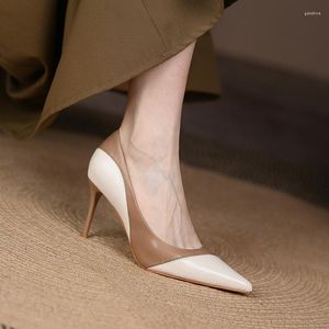 Dress Shoes 2023 Patchwork White Brown Leather Women Pointy Toe High Heel For Party Event Sexy Slip On Stiletto Pumps Customizable