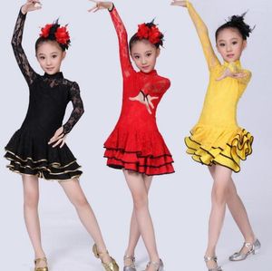Stage Wear 2023 Lace Est Sexy Ballroom Dresses Tango Salsa Latin Dance Dress Children Red Black For Girls Long Sleeve