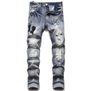 2023 männer Jeans Europäischen Jean Hombre Brief Männer Stickerei Patchwork Zerrissene Für Trend Marke Motorrad Hose Herren Dünne