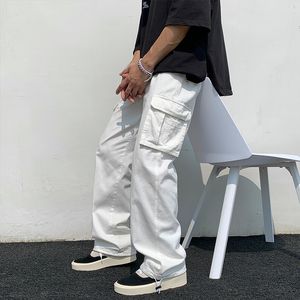 Herrbyxor svart vit casual mode lös rak bred ben män streetwear hip hop pocket cargo mens byxor 230105