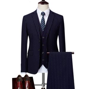 Mens Suits Blazers Men Business Stripe Slim Fit Wedding Groom Tuxedos Blazer 2 3 PCS Set Prom Suit Jacket Pants Vest M6xl Coat byxor 230207