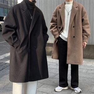 Męskie mieszanki wełny jesienne zimowe mężczyźni wełniane kurzu japońskie w stylu streetwear męski luźny kolor Wysokiej jakości gruby ciepły kurs męski 230207