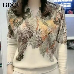 Kvinnors tröjor Autumn Winter Landscape Printing Diamonds Elegant Fashion Sweater Ladies 6xl Loose Casual All Match Pullover Top Knitting Jumper 230206