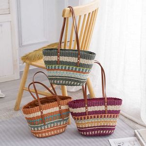 Colorful Striped Straw Woven Bag Soft Leather Handle Handbag Women's Large Capacity Tote Bag Fashion Popular Woven Cabbage Basket