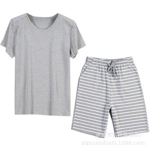 Roupa de dormir masculina de algodão Terno doméstico de verão Pijama listrado fino Manga curta Shorts decote em V Roupa de dormir masculina Pijama Homme