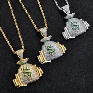 Hop Bling Hip Money Bag Wing Pendant Necklaces Iced Out Green Cubic Zirconia Cartoon Dollar Symbol Purse Rapper Jewelry Gifts Crystal Party