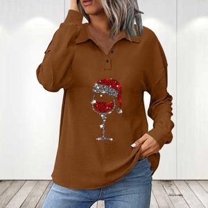 Damen-T-Shirts, Damen-Hemd, Bluse, Knopfleiste, Oberteile, Rotweinglas-Druck, Revers, Tunika, Langarm, lässig, Damen, Streifen