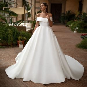 Vestidos De Novia Satin Wedding Dress Off the Shoulder Simple Robe Mariage V-Neck Luxury A-line Satin Bride Gowns Long Train