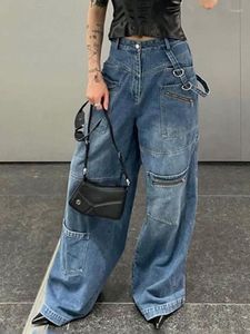 여성 청바지 HOUZHOU 빈티지 헐렁한 Streetwear Y2k 와이드 레그 카고 바지 미적 주머니 여성 바지 루스 그런지 한국 패션