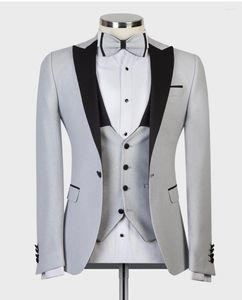 Men's Suits 2023 Fashion Sliver Mens Black Lapel Men's Blazer Slim Fit Wedding Male Groom Tuxedos Suit Prom (Jacket Pants Vest)